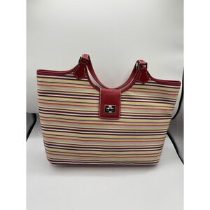 Rafe New York Striped Red Leather Canvas Shoulder‎ Bag Zip Close NWOT